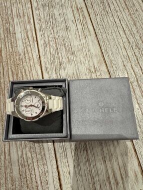 Michele White Ceramic Chronograph Watch with Silver Accents